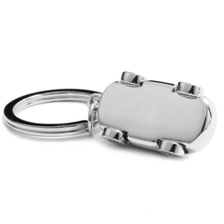 Car-shaped metal key chain with split ring and chrome bumper sections