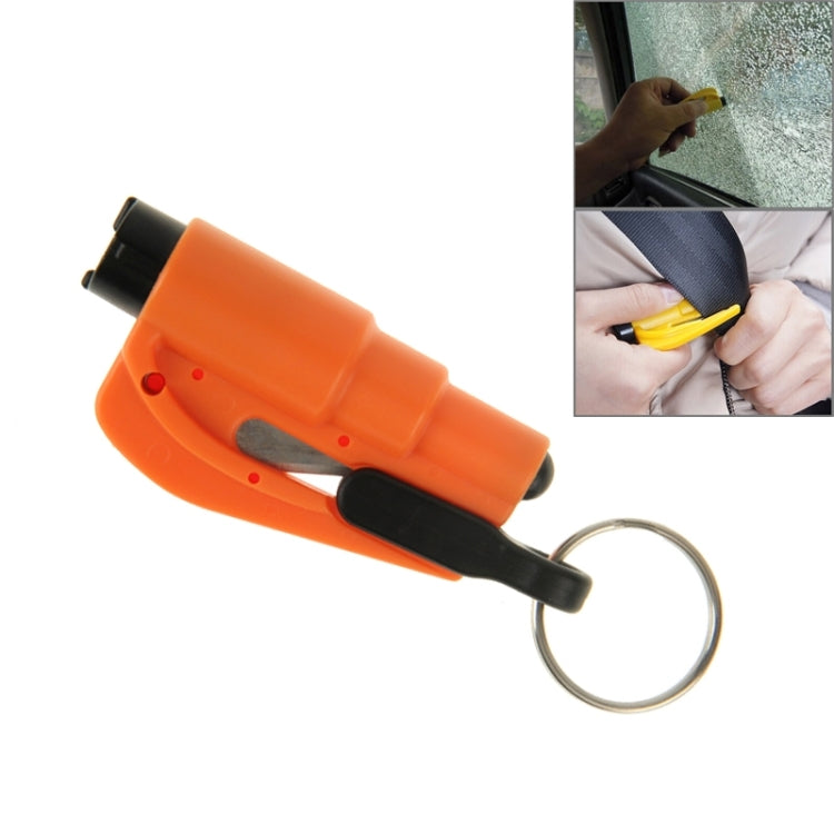 Orange 2-in-1 rescue keychain tool with metal key ring and black handle
