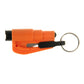 Orange handheld rescue keychain tool with metal key ring and black grip