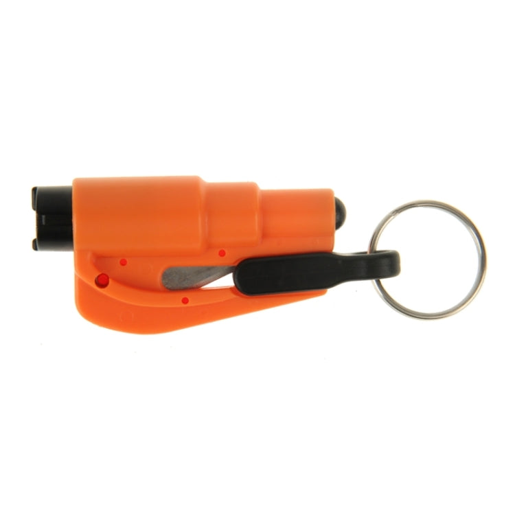 Orange handheld rescue keychain tool with metal key ring and black grip