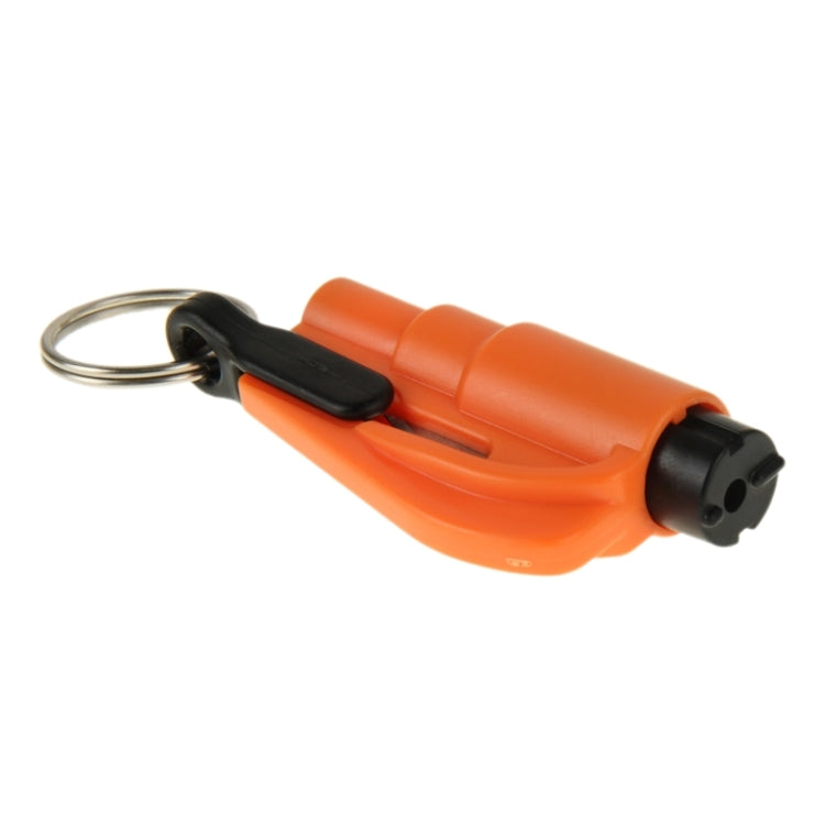 Orange 2-in-1 rescue keychain tool with key ring and black squeeze handle
