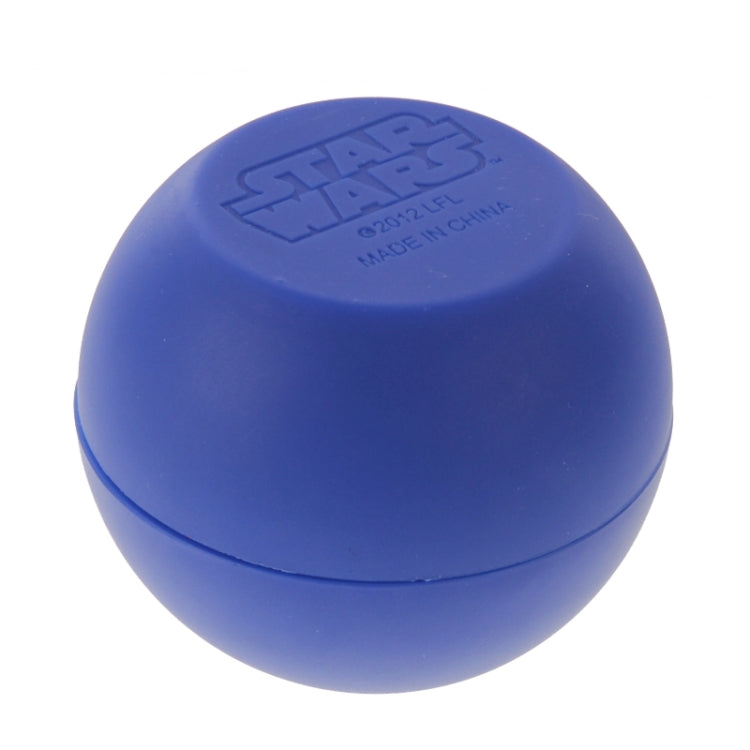 Blue silicone sphere mold with embossed design and label text on lid