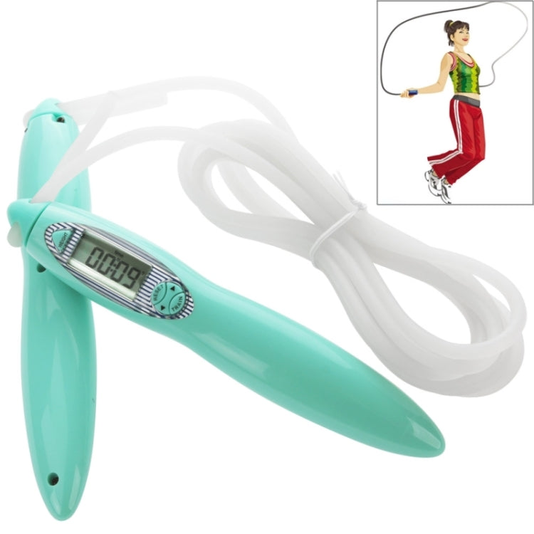 Teal adjustable skipping rope with white cord and built-in LCD display counter
