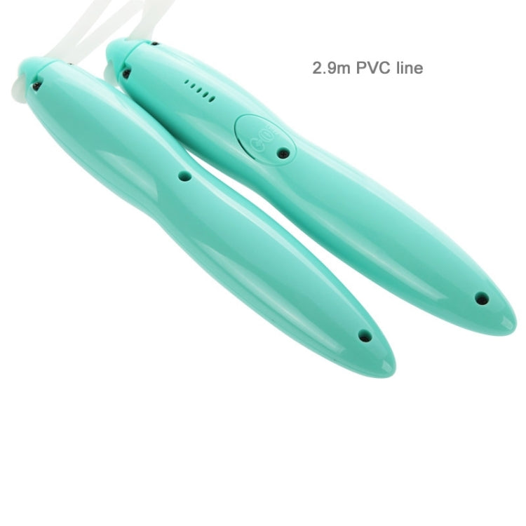 Teal PVC skipping rope handles with cord outlets and textured grip detail