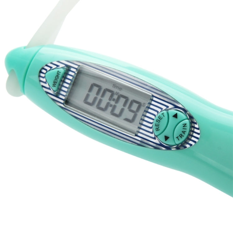 Close-up teal handle with LCD screen and mode buttons for skipping rope