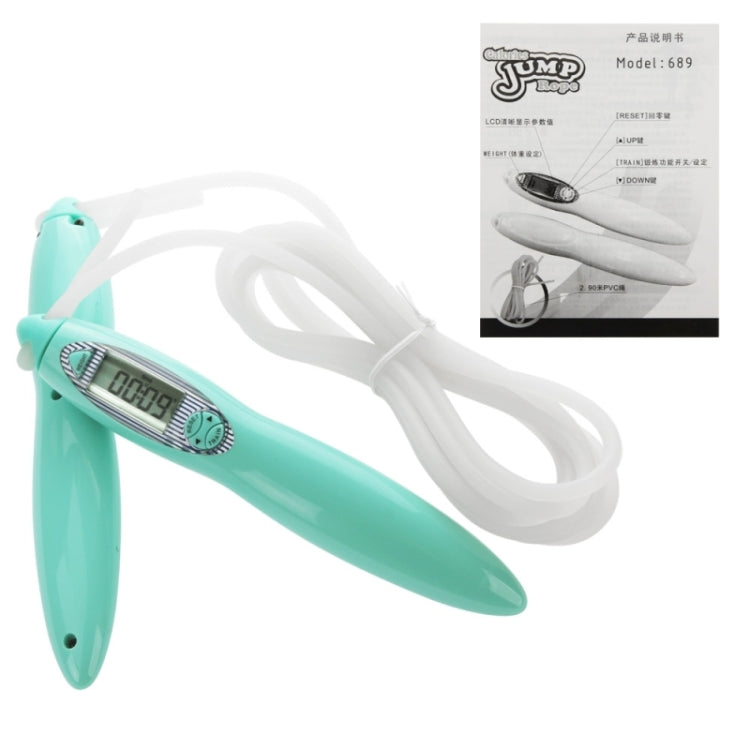 Teal skipping rope with white cord and LCD handle, plus small model diagram