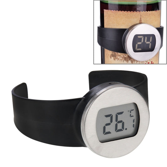 Digital LCD wine bottle thermometer with black strap and silver round display