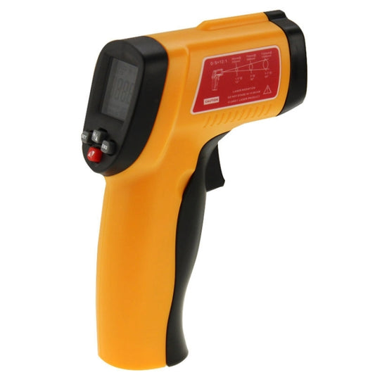 Orange infrared thermometer with left-side LCD and black rubber grip handle