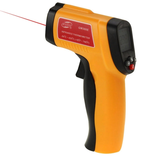 Orange and black infrared laser point thermometer with LCD screen and trigger handle