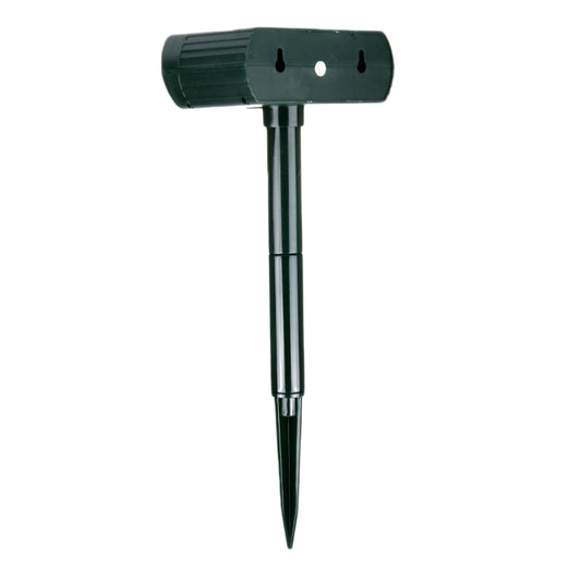 Ultrasonic solar animal repeller with vented back housing and pointed ground stake, dark green.