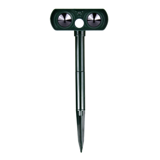 Ultrasonic solar animal repeller with two speaker grilles and metal stake, dark green.