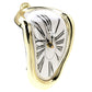 Gold-framed distorted clock with roman numeral dial and oval melted-look case