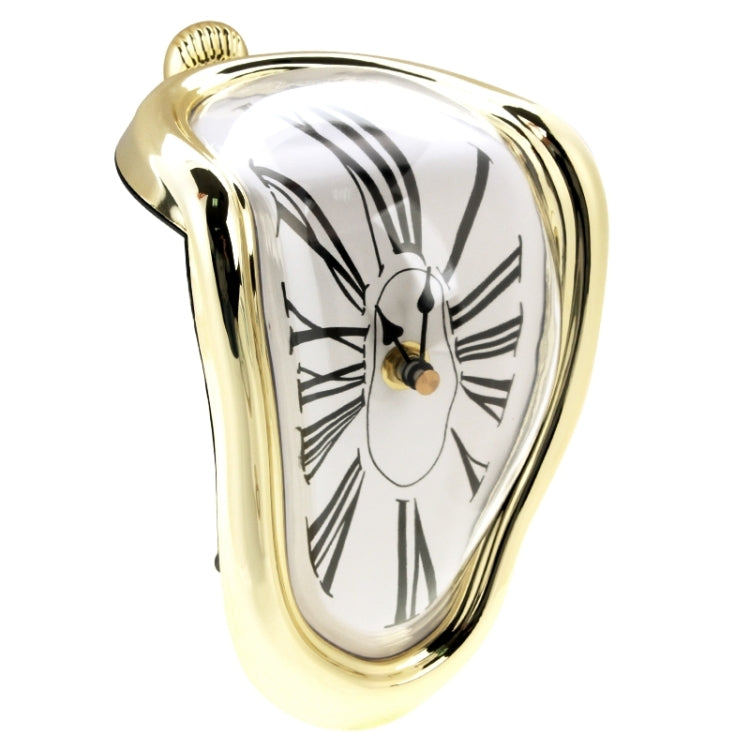 Gold-framed distorted clock with roman numeral dial and oval melted-look case