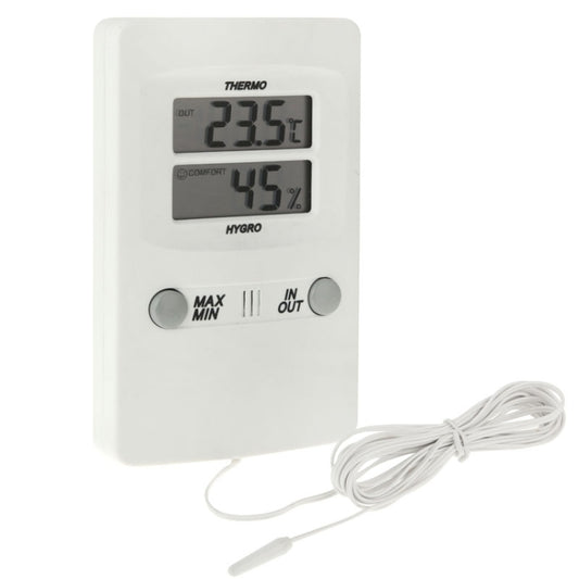 Digital LCD thermo-hygrometer sensor with wire probe and outdoor temperature/humidity display