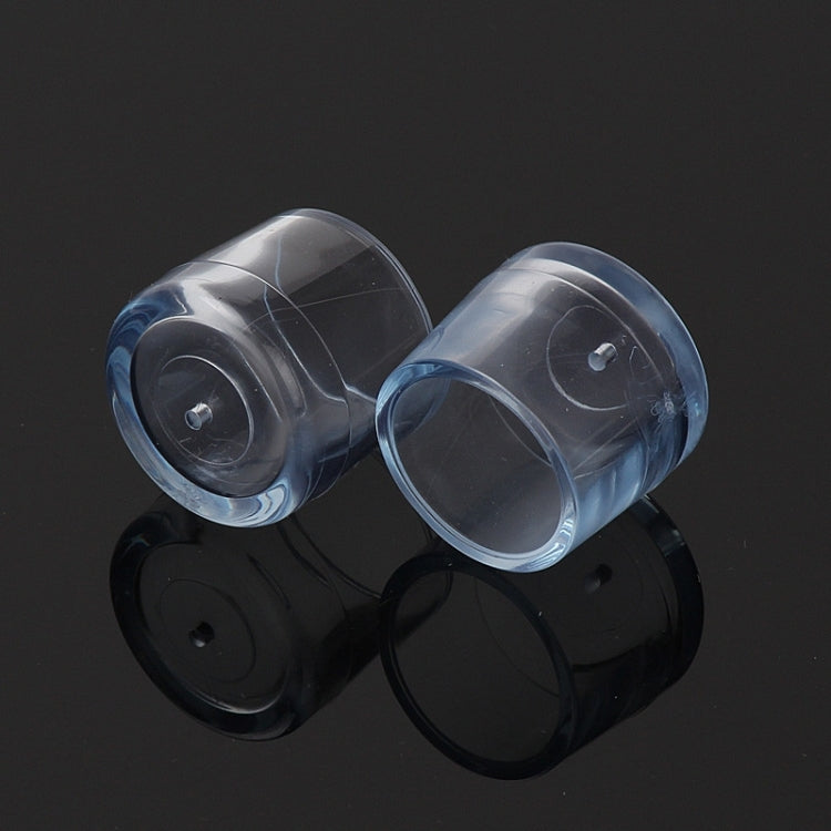 Two translucent 21mm pipe chair leg caps with center mounting pin and clear base