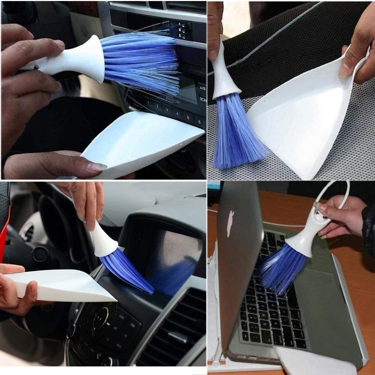 Vent brush and dustpan cleaning a laptop keyboard and car interior