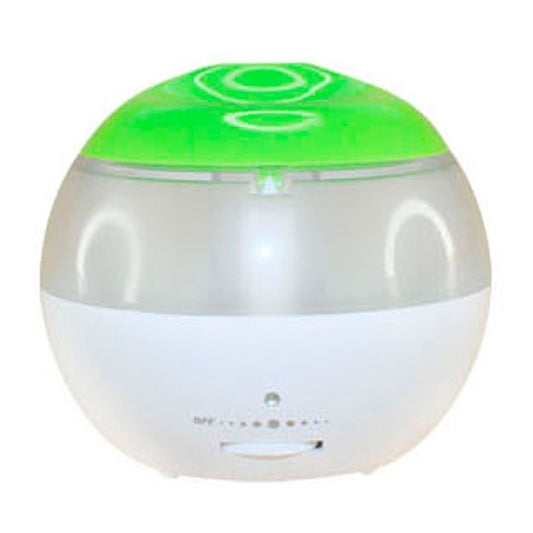 Green top USB humidifier with round white base, front control lights, and mist nozzle