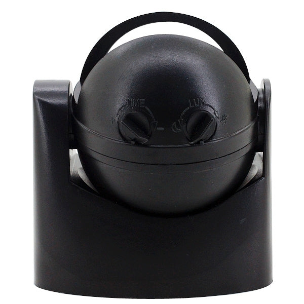 Black infrared motion sensor switch, top view with two adjustment knobs on dome