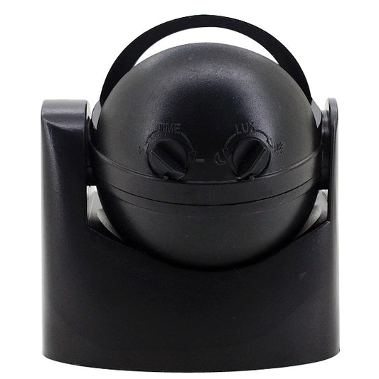 Black infrared motion sensor switch, top view with two adjustment knobs on dome