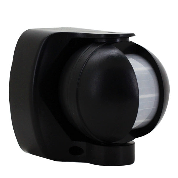Black infrared motion sensor switch side view with curved housing and lens window
