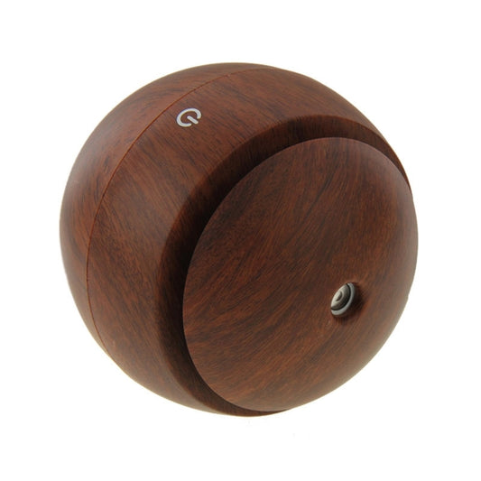 Wood-texture aroma humidifier, side view with circular outlet and power icon