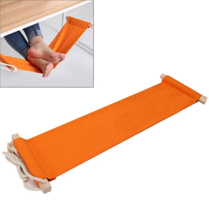 Orange foot hammock with beige straps and rope clips for hanging under a table