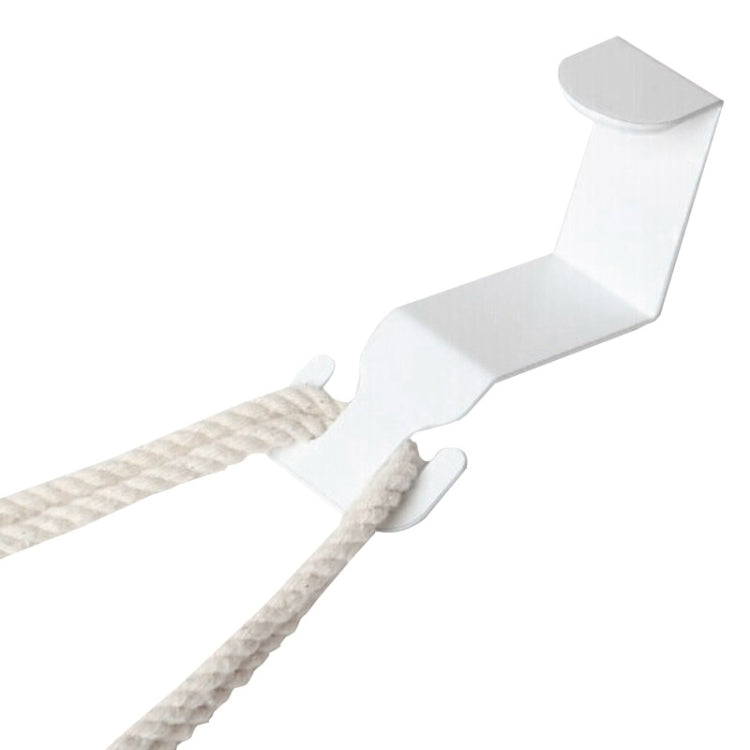 White table clips with beige straps for securing a hanging foot hammock