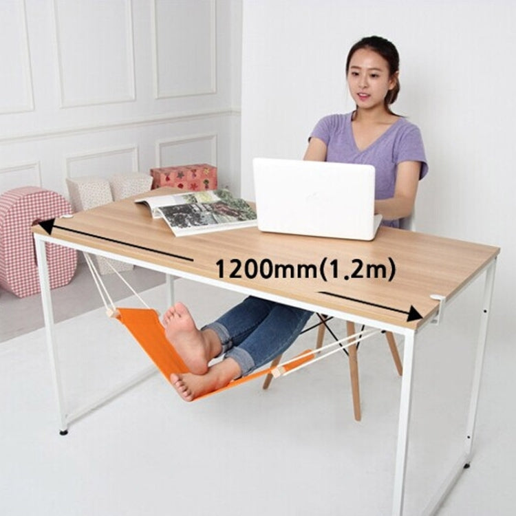 Orange foot hammock under desk with adjustable ropes supporting a seated user’s feet