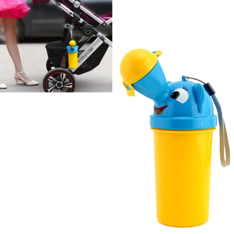 Kids portable urinal bottle with blue animal spout and yellow storage cup
