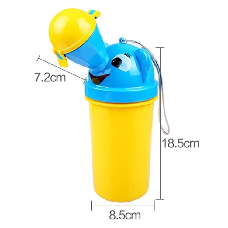 Blue and yellow kids urine bottle with hanging wrist strap and cup
