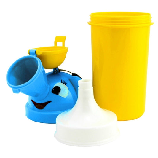 Kids portable urinal bottle set with blue spout, yellow cup, and white base