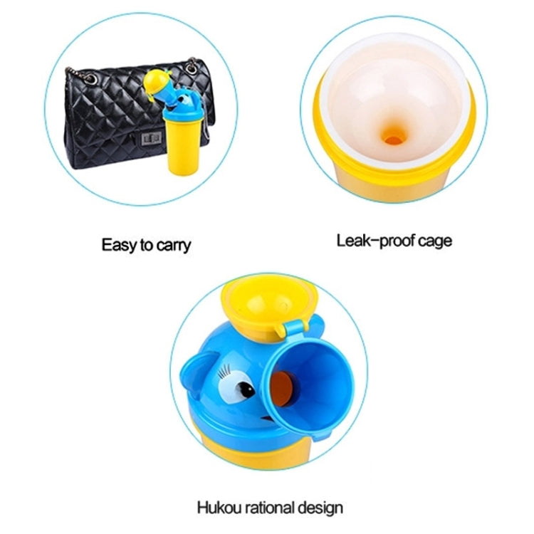 Blue animal-style kids urinal bottle with yellow lid and leak-proof cap