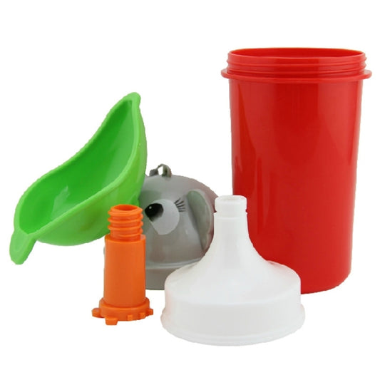 Portable children's urinal bottle set: red cup, green funnel, orange spout, white nozzle