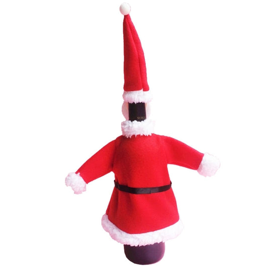 Plush Santa wine bottle bag decoration from side view, red coat with fluffy white hem
