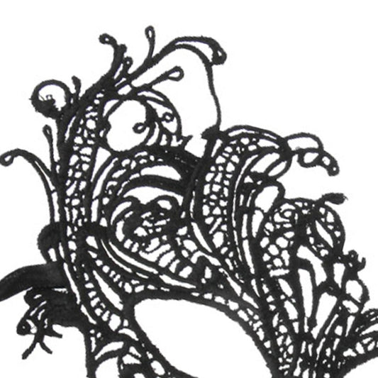 Black lace Venetian eye mask close-up with intricate swirl detailing.