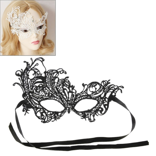White lace Venetian eye mask with ornate filigree and face-covering design.