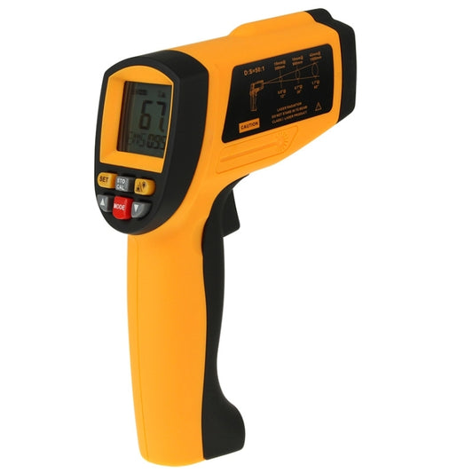 Handheld infrared temperature gun with LCD on left and control buttons on base