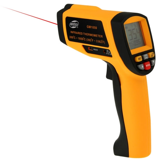 Handheld infrared temperature gun with orange-and-black body and LCD screen
