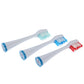 Three replacement brush heads with blue bristles on gray handles