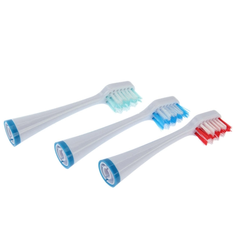 Three replacement brush heads with blue bristles on gray handles