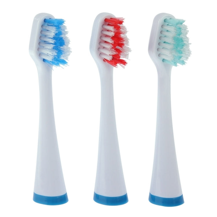 Three replacement brush heads with blue and red bristles, white handles