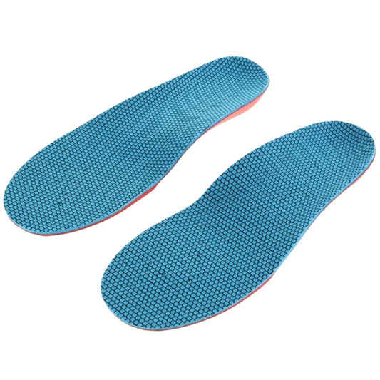 Pair of blue textured EVA shoe insoles for children with curved, fitted shape
