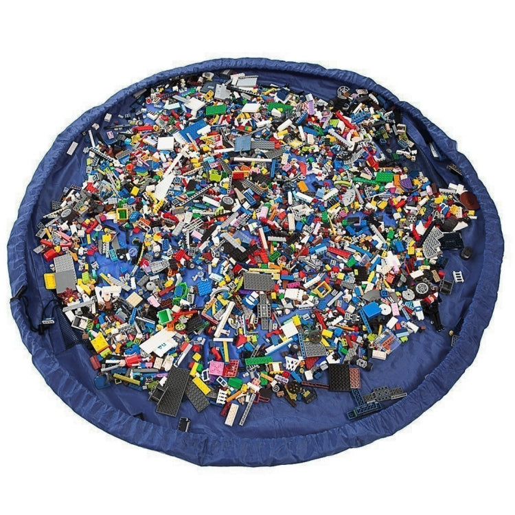 Round blue kids toy storage mat bag with colorful toy bricks inside the center