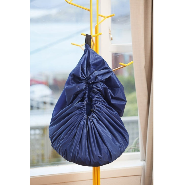 Hanging navy-blue kids toy storage bag with gathered drawstring closure