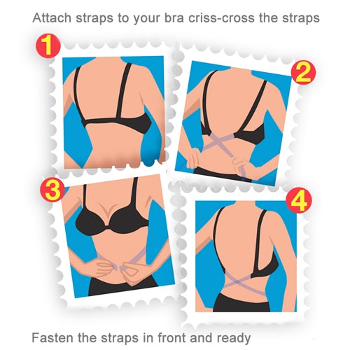 Bra strap converter diagram showing criss-cross strap attachment steps