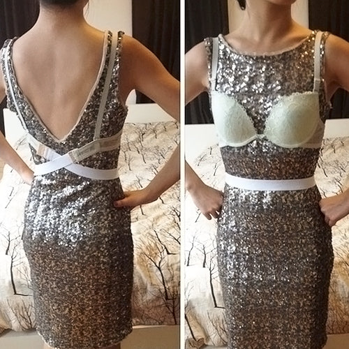 Backless bra strap converter with criss-cross straps on the back of a dress