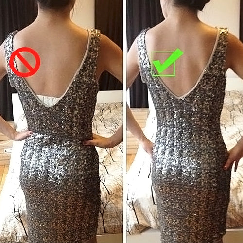 Backless bra strap converter with criss-cross straps and open back on a dress