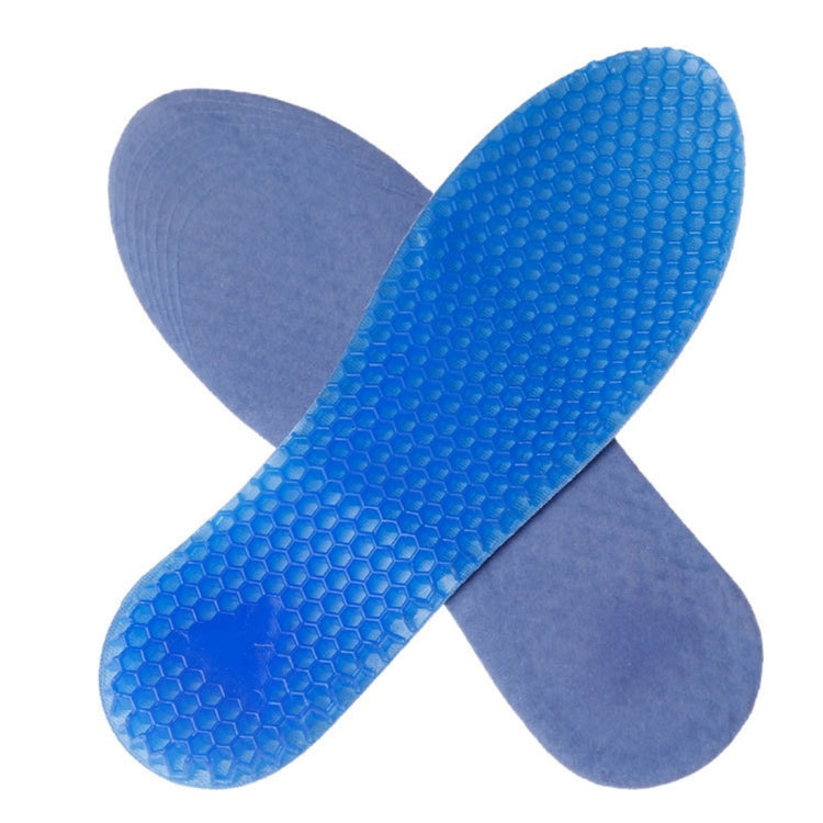 Pair of blue honeycomb insoles with grey fabric top layer, full pads