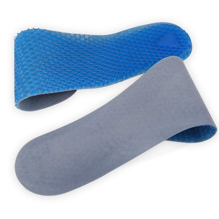 Blue honeycomb base with grey top layer shoe insole pad, curved heel