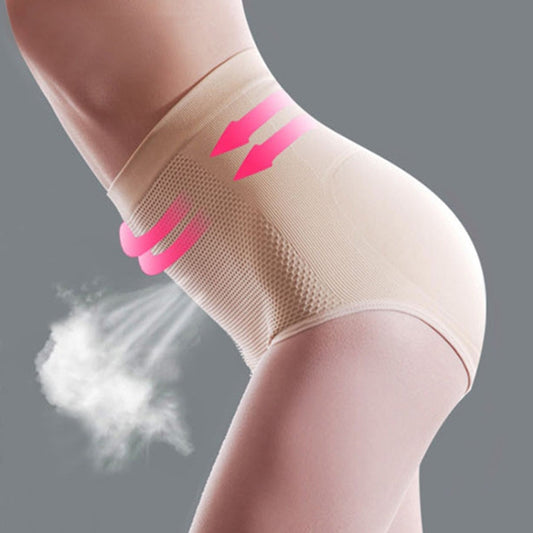 Beige butt-lifting shaper panties for postpartum, high-waist seamless mesh look